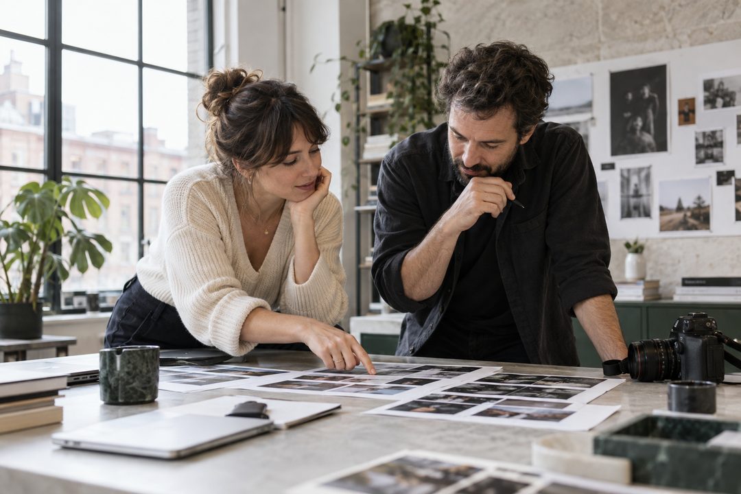 Deux personnes comparent des tirages photographiques étalés sur une table de travail.